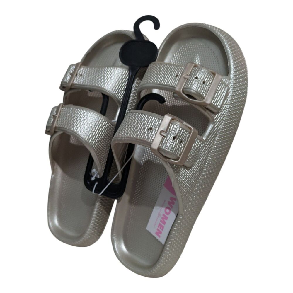 Women’s Double Buckle Slide Sandals Size 9/10 Beige Comfort Slides New - Picture 3 of 4